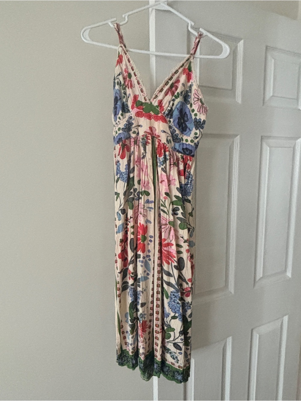 Floral V-Neck Spaghetti Strap Dress - Cream with Multicolor Floral Print